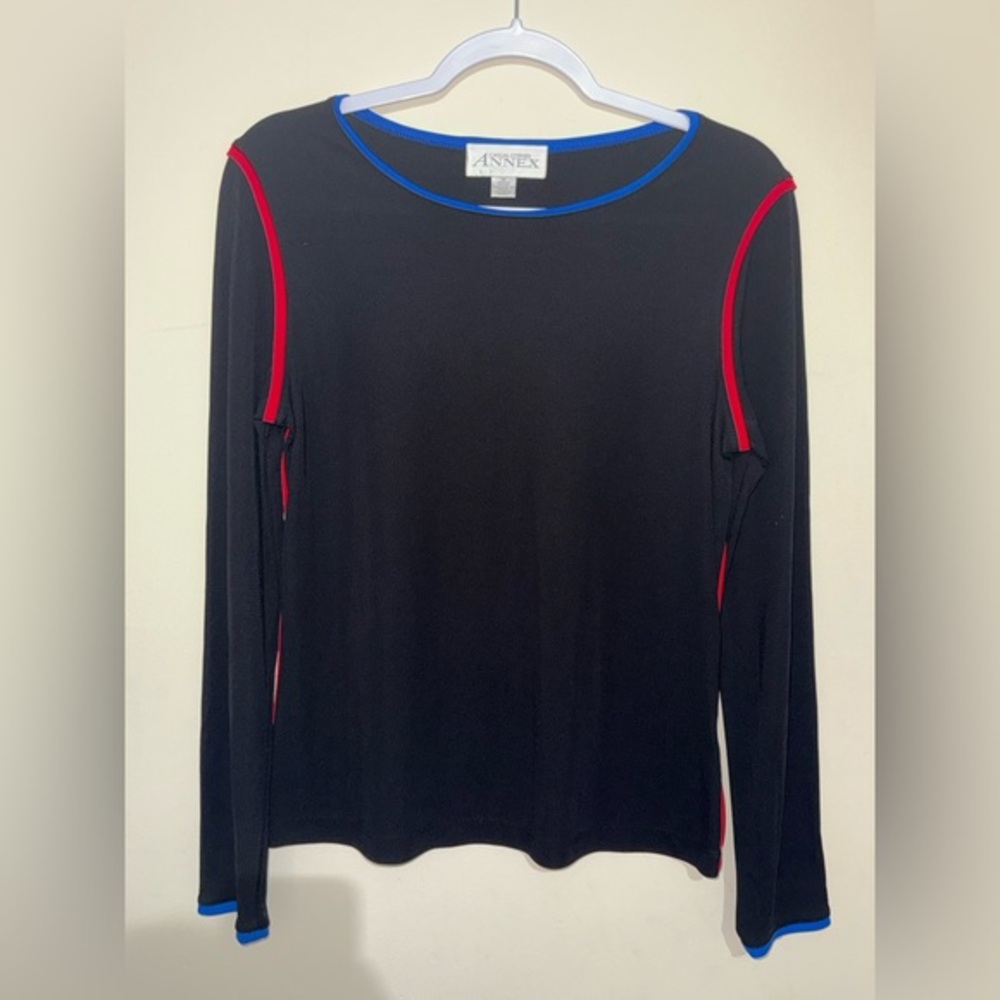 Casual Corner Black Long-Sleeve Top with Red & Blue Trim